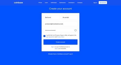 Coinbase
				signup page example