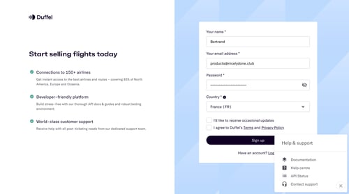 Duffel
				signup page example