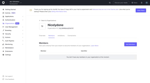 Auth0 viewing empty members list screen example
