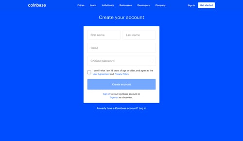 Coinbase
				signup page example