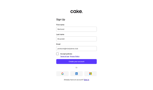 Cake
				signup page example