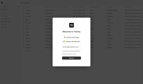 Twenty
				signup page example