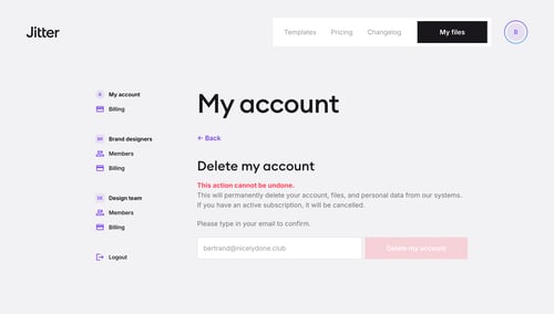 Jitter
			settings sidebar navigation user management account management form confirmation account settings account deletion sidebar user termination ux ui design