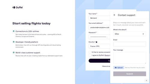 Duffel
				signup page example
