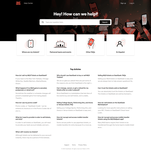 SeatGeek
				support / help center page example