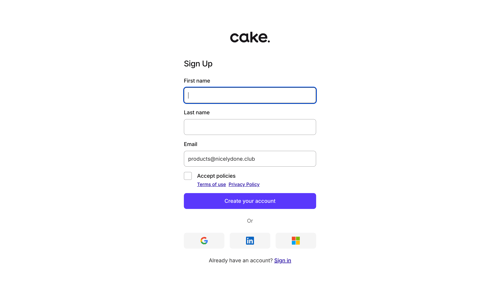 Cake
				signup page example
