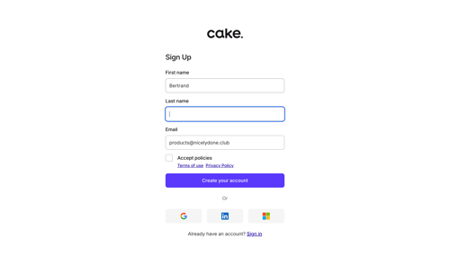 Cake
				signup page example