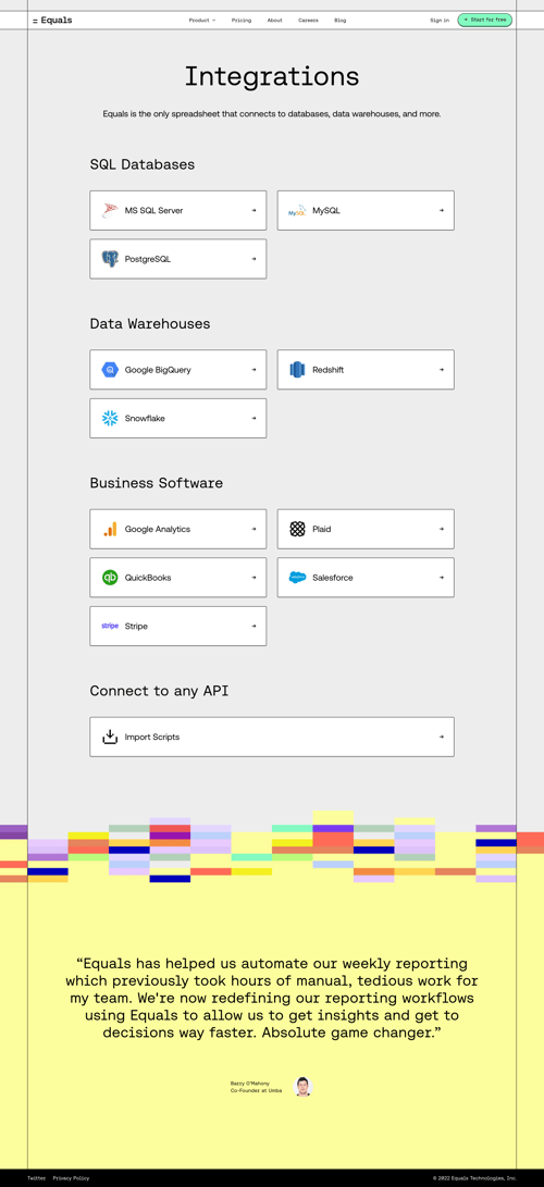 Equals
				integrations page example