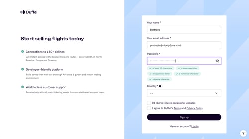 Duffel
				signup page example