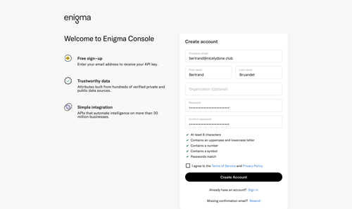 Enigma
				signup page example