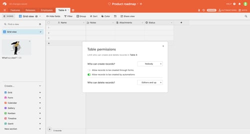 Airtable setting deletion permissions screen example