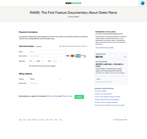 Kickstarter
				checkout page example