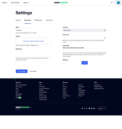 Kickstarter
				settings page example