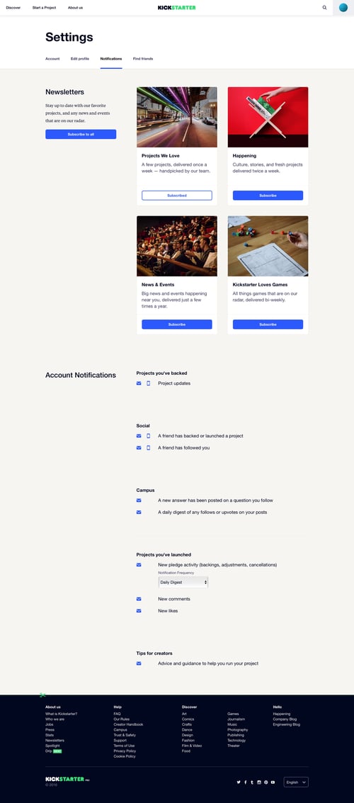 Kickstarter
				settings page example