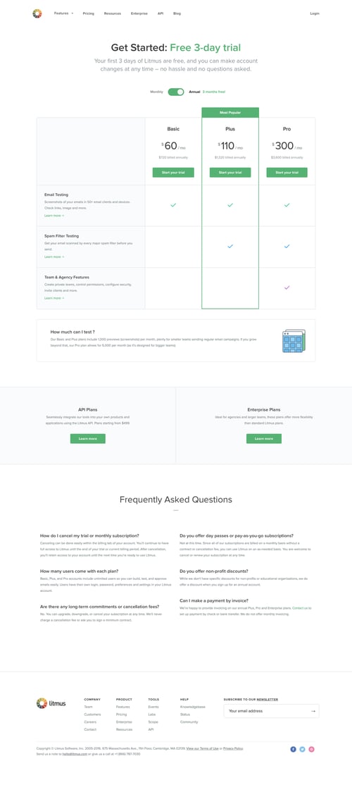 Litmus
				plans & pricing (in app) page example