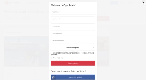 OpenTable
				signup page example