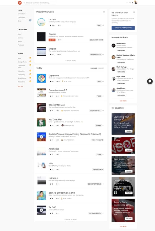 Product Hunt
				home page example