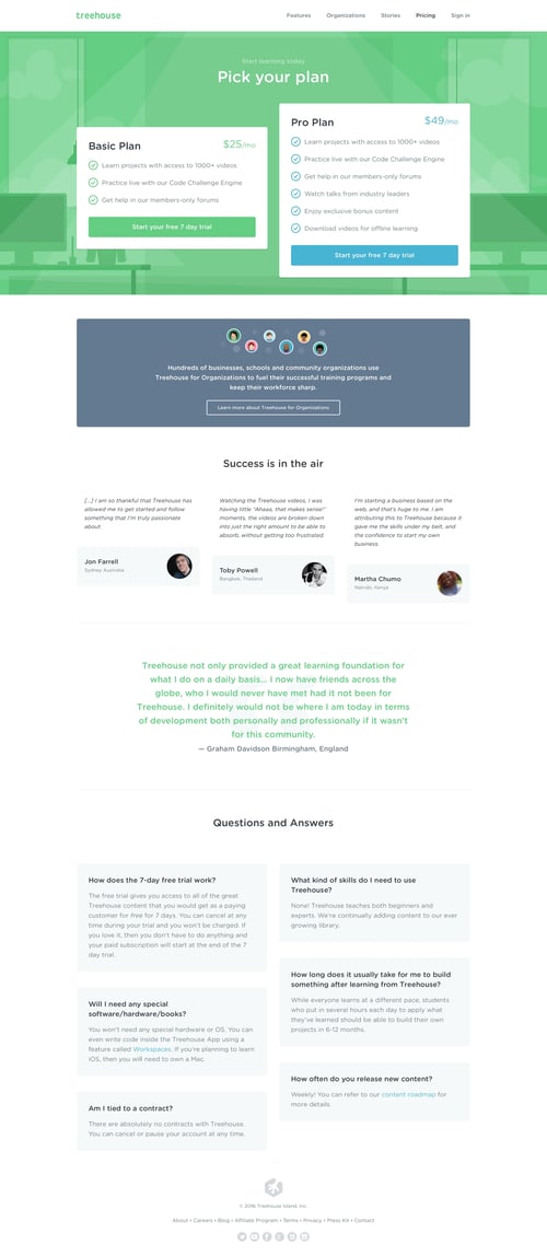 Treehouse
				plans & pricing (in app) page example
