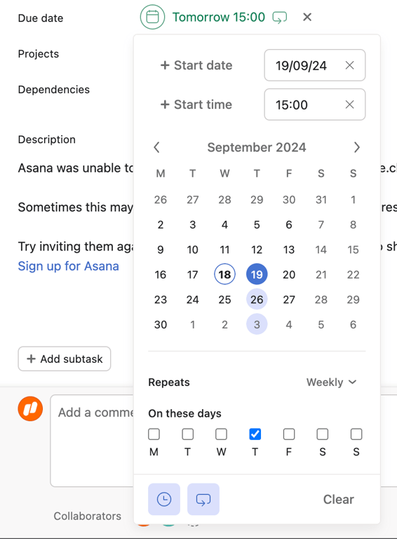 Asana — Input date component