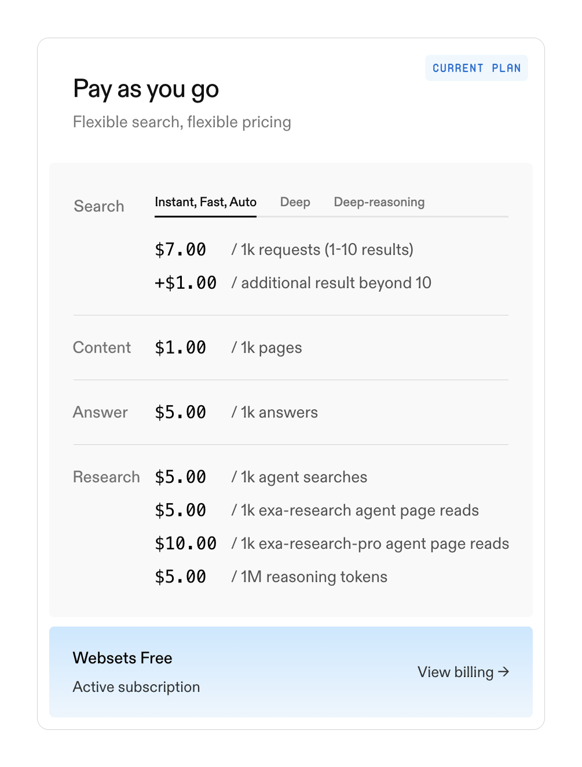 Exa — Pricing section component