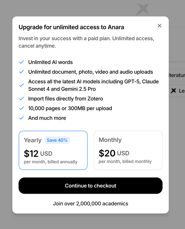 Anara — Upgrade your plan component