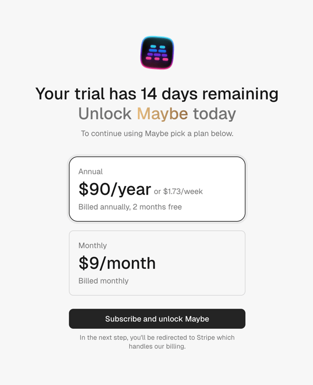 Maybe Finance — Pricing section component