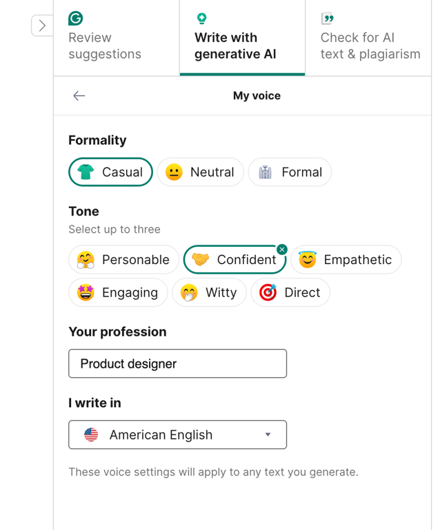 Grammarly — Settings panel component