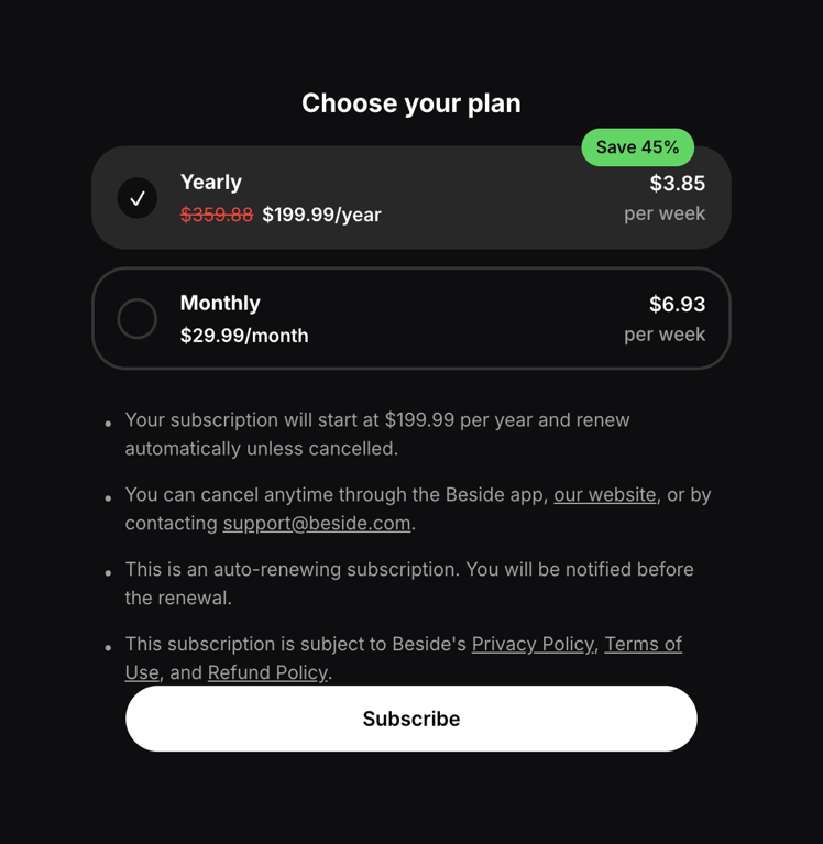 Beside — Pricing section component
