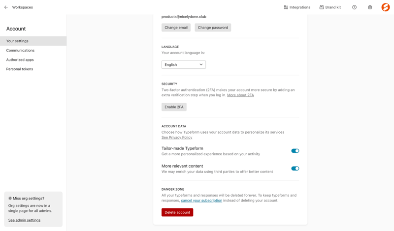 Typeform
				settings page example