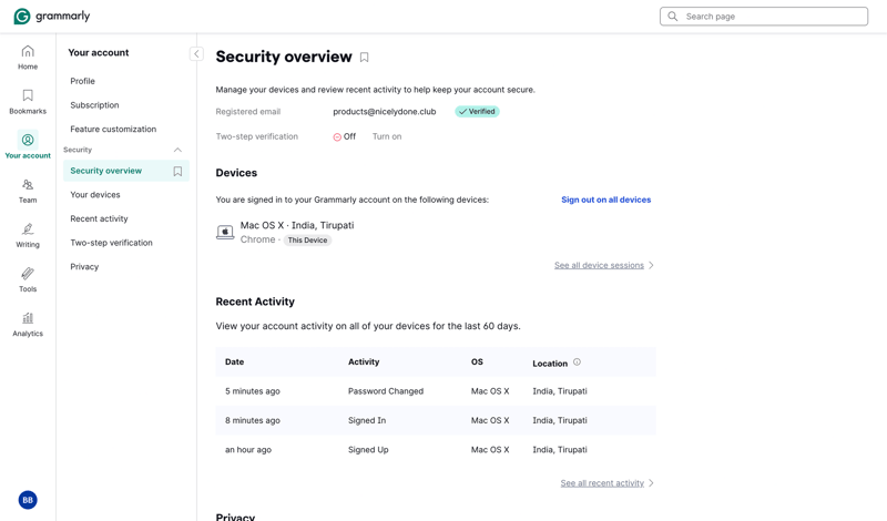 Grammarly screen example
