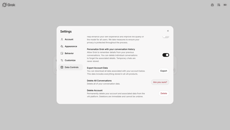 Grok
			data management configuration settings account management account setup data export confirmation customize account settings account deletion privacy settings call intelligence parameters user termination data privacy ux ui design