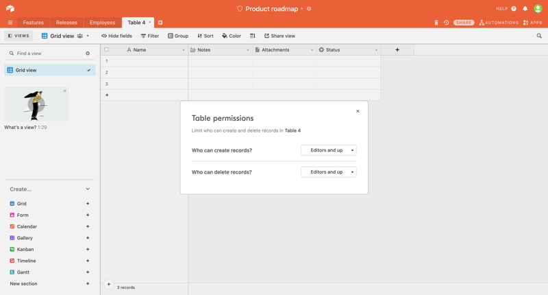 Airtable defining creation permissions screen example