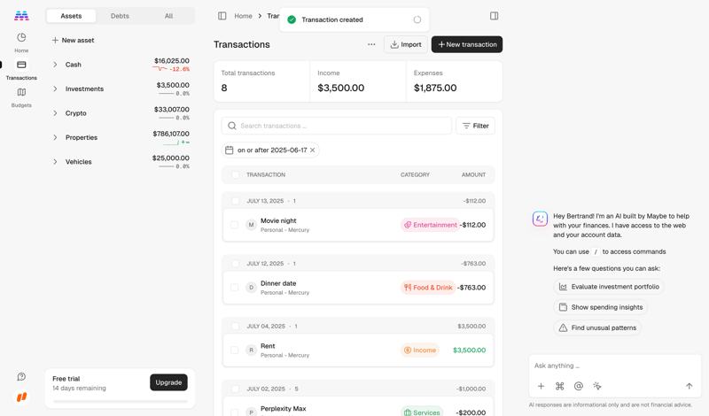 Maybe Finance screen example