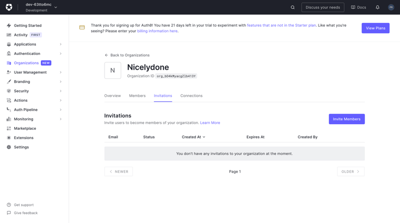 Auth0 viewing empty invitations list screen example