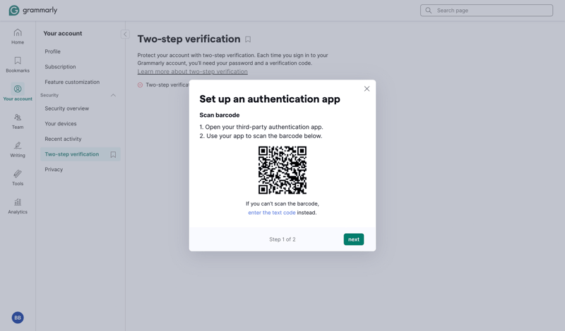 Grammarly screen example