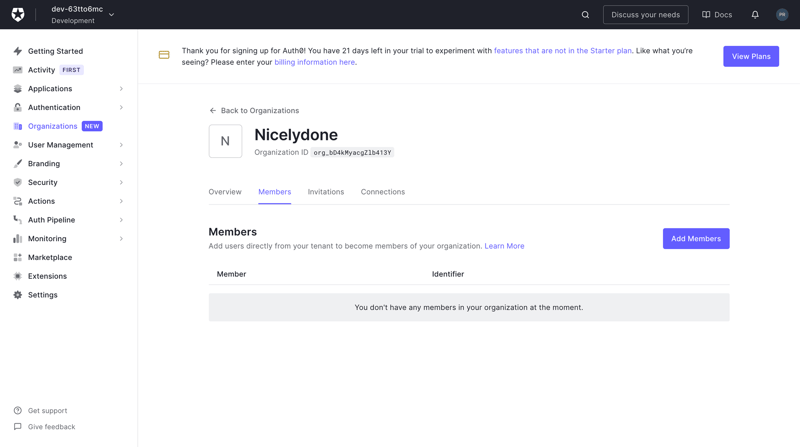 Auth0 viewing empty members list screen example