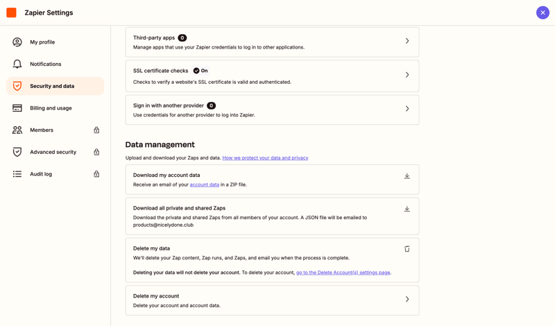 Zapier
			data management settings account management account settings account deletion sidebar security ux ui design
