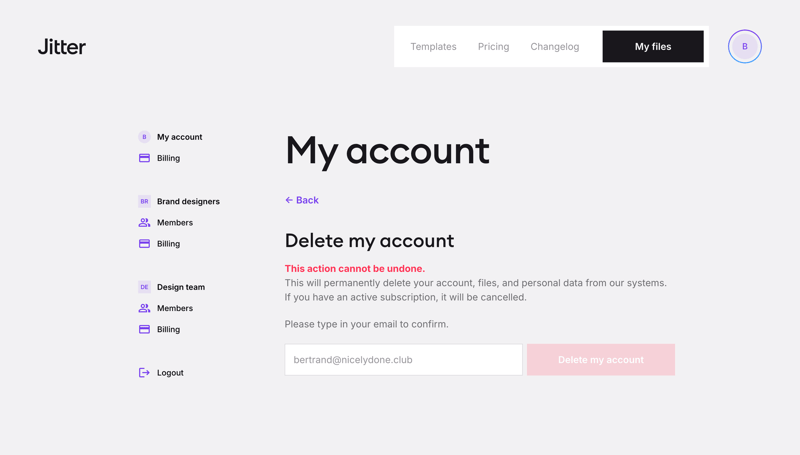 Jitter
			settings sidebar navigation user management account management form confirmation account settings account deletion sidebar user termination confirmation message ux ui design