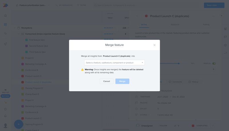 Productboard initiating merge screen example