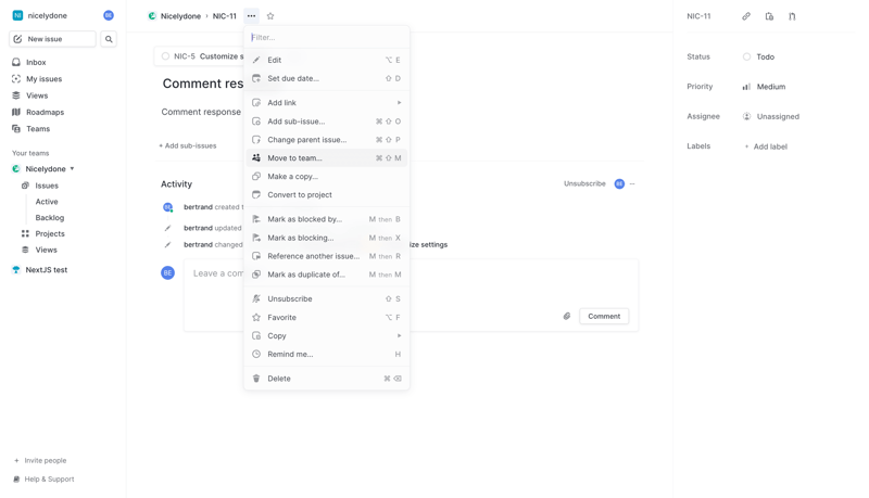 Linear initiating issue modification screen example
