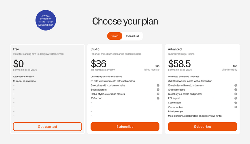 Readymag
				pricing section ui component