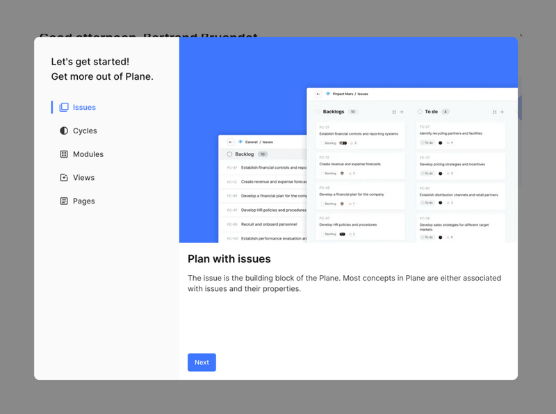Plane
			sidebar onboarding project management sidebar navigation issue tracking ui component