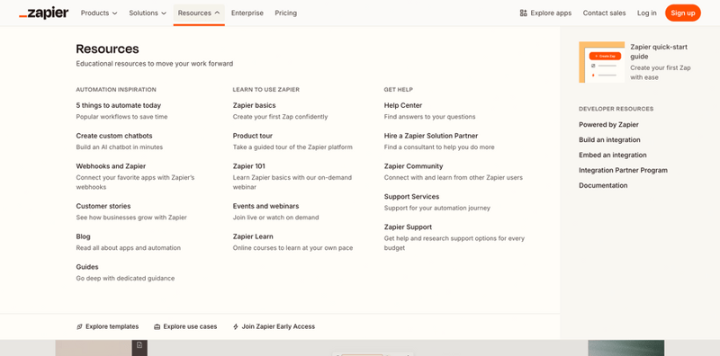 Zapier
			navigation menu integration automation ui component
