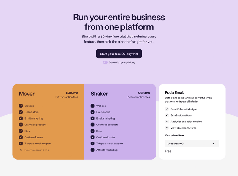 Podia
				pricing section ui component