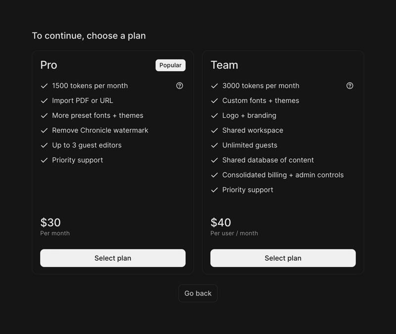 Chronicle
				pricing section ui component
