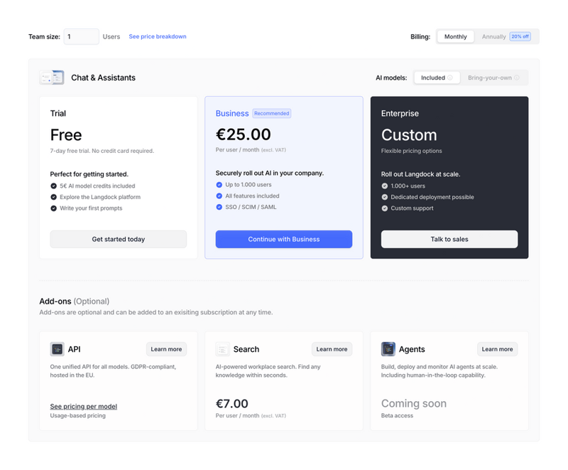 Langdock
				pricing section ui component