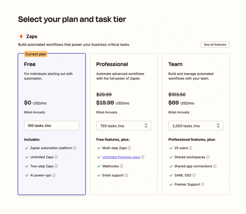 Zapier
				pricing section ui component