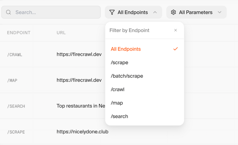 Firecrawl
			search bar desktop table ui component