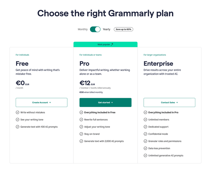 Grammarly
				pricing section ui component