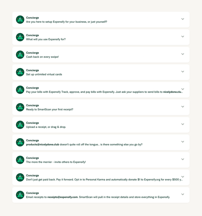 Expensify
			onboarding accordion expense management setup conversational ui component